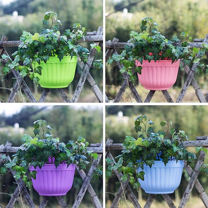 8 Pack Hanging Planters Wall Planters for Indoor Outdoor Plants, Colorful 8 inch Plant Pot with Drainage Hole, balcony planter railing hanging Pot, Plant Wall Mount Home Décor with Accessaries
