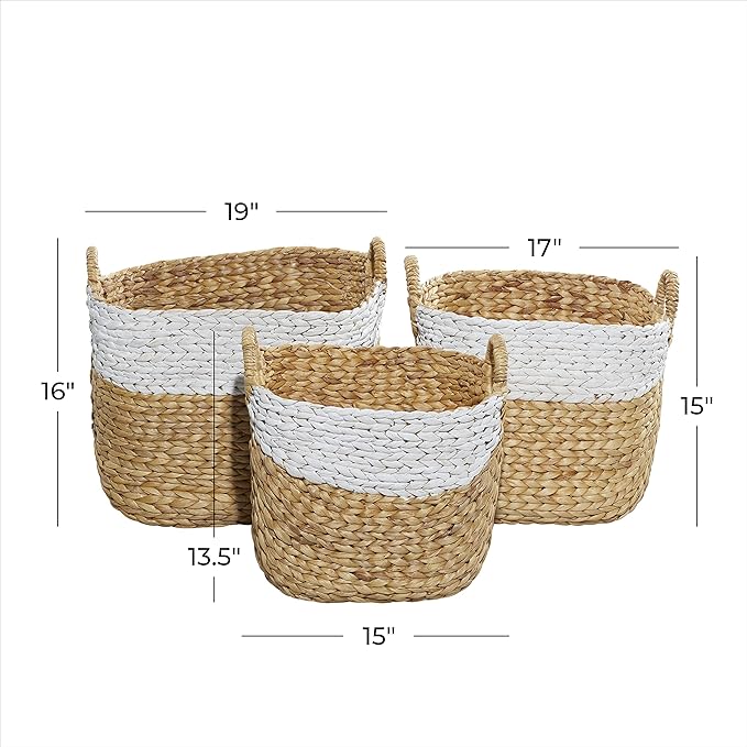 Deco 79 Seagrass Handmade Two Toned Storage Basket with Handles, Set of 3 19", 17", 15"W, Brown