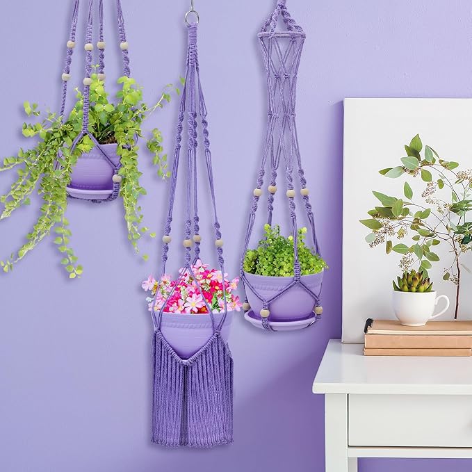 Hushee 3 Pack Crochet Macrame Plant Hanger Hanging Planters for Indoor Plants with Trays and Hooks Hanging Plant Holder Pot with Drainage Hole Boho Plant Hanger for Outdoor Flower Gardening Gift Decor