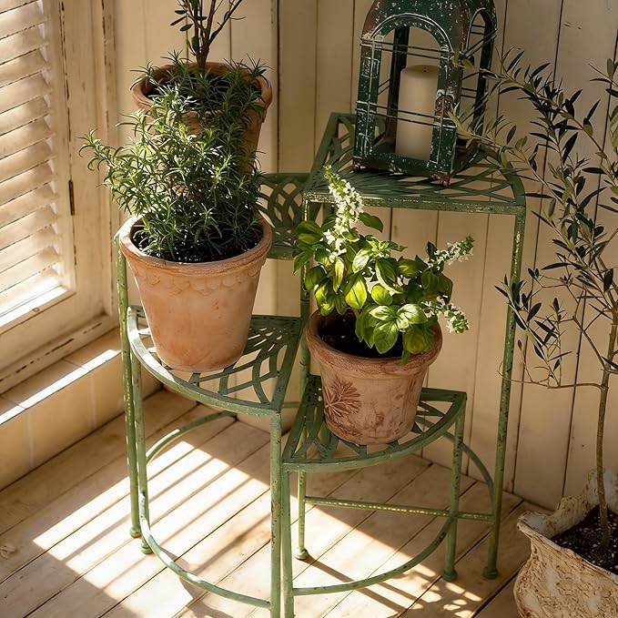 Vintage 4-Tier Metal Plant Stand for Indoor Outdoor Rustic Foldable Fan Shape Corner Plant Rack Distressed Green Flower Pot Holder Shelves for Patio Porch Garden Balcony Living Room (Green)