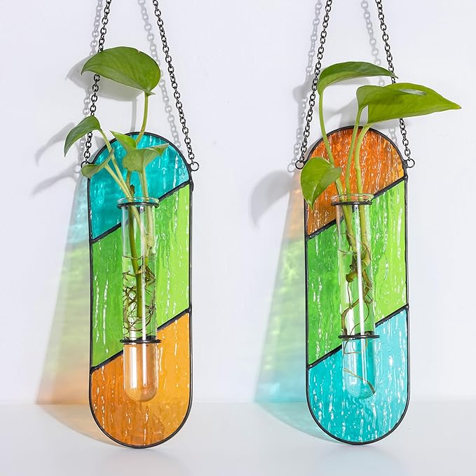 Hewory Stained Glass Plant Propagation Hanging 2 Pcs Propagation Station Planters for Window Wall Decor - Unique Hydroponic Propagated Plant Holder for Kitchen Gifts for Mom