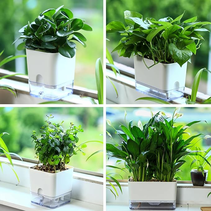 Planterhoma Self Watering Plant Pots for Indoor Plants 10 inch, 3 Packs Rectangle Self-Watering Planters with Drainage Hole, White African Violet Pots for Devil's Ivy, Spider Plant, Orchid, Herb