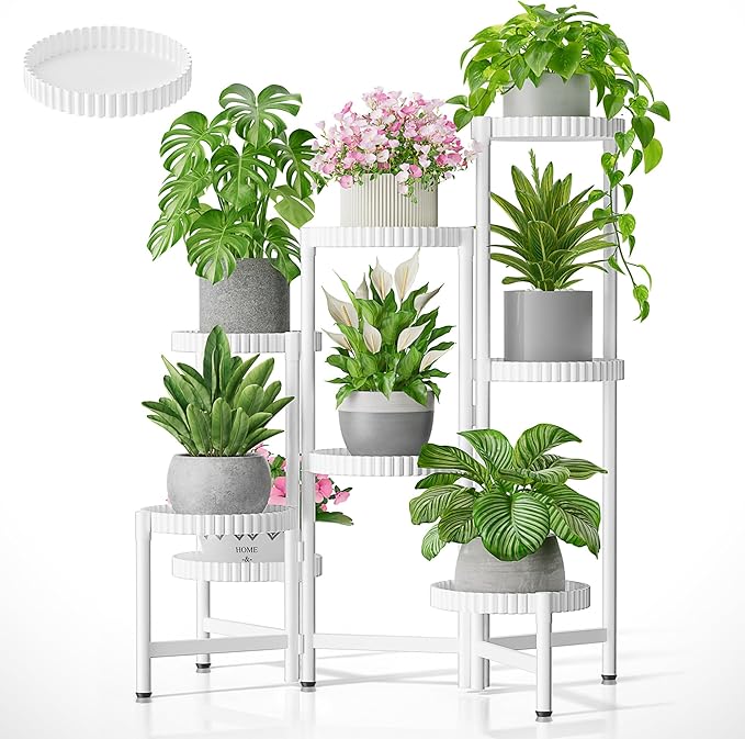 8 Tier Plant Stand Indoor Outdoor, Corner Tiered Fladable Plant Stands, Planter Display Rack for Multiple Plants, Iron Flower Stand, Folding Tall Plant Rack Shelf for House Patio Garden - WhiteFloroma