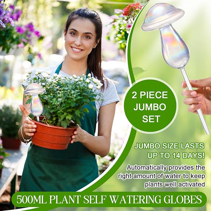 Qinyoung 2 Pcs 17 Oz Plant Watering Globes Large Mushroom Shaped Iridescent Rainbow Self Watering Globes Clear Glass Planter Insert Devices for Indoor Outdoor Plant Lovers