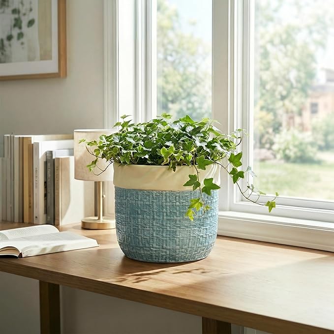 Ceramic Planter - 8 Inch Plant Pot for Indoor Outdoor Plants, Boho Planters with Drainage Hole and Plug, Round Decorative Flower Pots, Garden Home Office Decor, Plant Lover Gifts, Blue