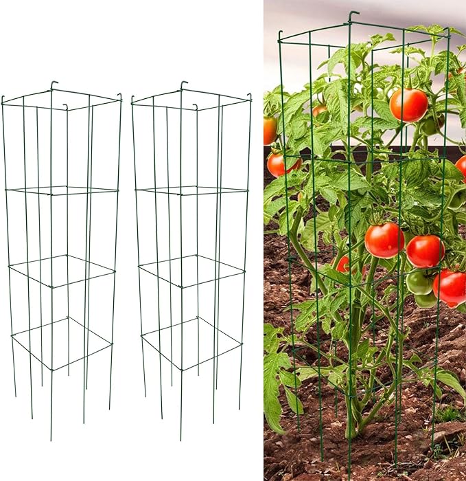 46" Height 12" Width 2PCS Green Square Folding Tomato Cage,Plant Support Stake Tower