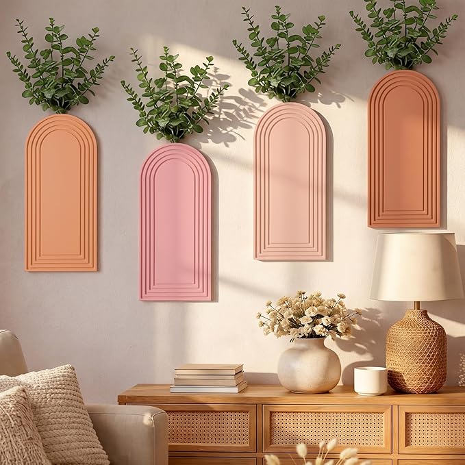 6 Pack Boho Wooden Wall Vase Hanging Wall Planters Decor Modern Farmhouse Plant Holders for Indoor Living Room Bedroom Bathroom Kitchen Home Office Decoration(Light Colors)
