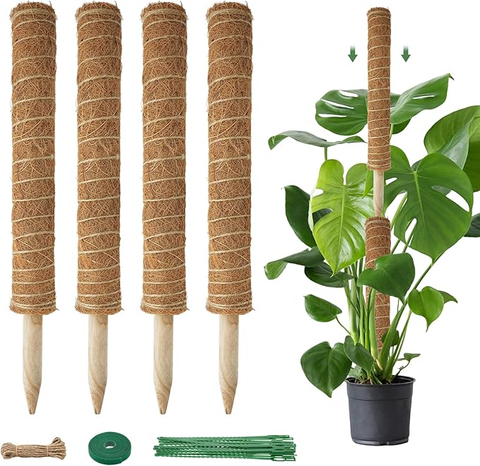 Moss Pole for Plants Indoor - 4 Pack Plant Supports for Climbing Plants to Grow Upright - 16 inch Stackable Moss Sticks Coir Totem Pole Plant Support for Monstera Pothos Philodendrons Potted Plants