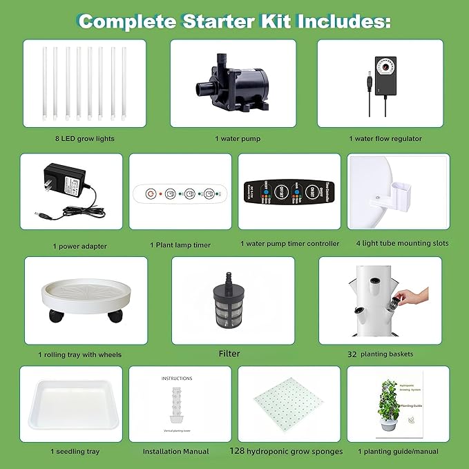 Hydroponics Growing System Kit with LED Grow Lights,8-Layer Vertical Garden Tower, 32 Pods Large Planting Sites, 8 Gallon Indoor Growing System for Vegetables, Herbs & Tomatoes, Pump&Dual Timer