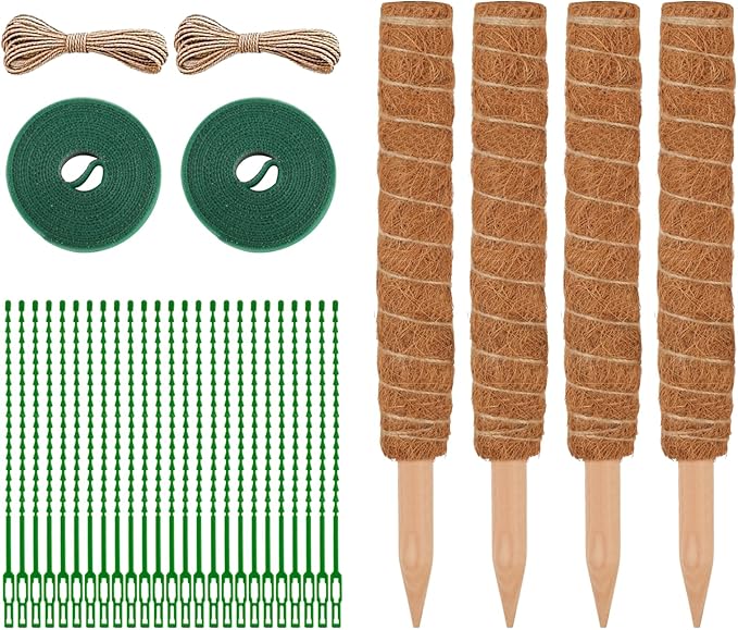 4 Pcs Moss Pole Monstera Plant Support, 15.75" Plant Support Stakes for Indoor Plants, Stackable Moss Poles Sticks Plant Poles for Climbing Plants Garden Potted Plants Pothos + Accessories