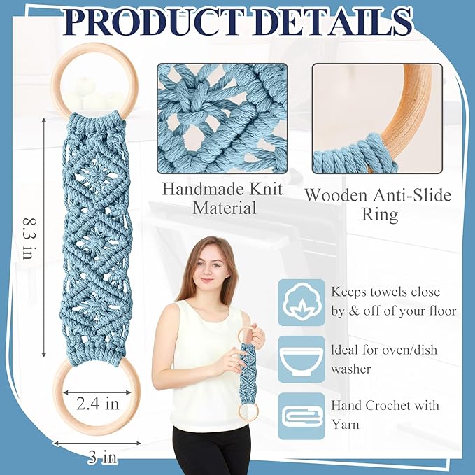 Tioncy 4 Pcs Kitchen Dish Towel Holder Mother's Day Gifts Boho Handmade Crochet Hanging Towels Loop Ring Knit Towel Hanger for Cabinet House Oven Stove Door, 4 Colors(Blue)
