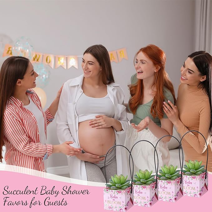 Soaoo 60 Pcs Succulent Baby Shower Favors Bulk Grow Succulents Wrap Bags with Handles Baby in Bloom Plants Paper Pots Gift Boxes Decorations Supplies Plants not Included Fits 2 Inch Pots(Pink Flower)