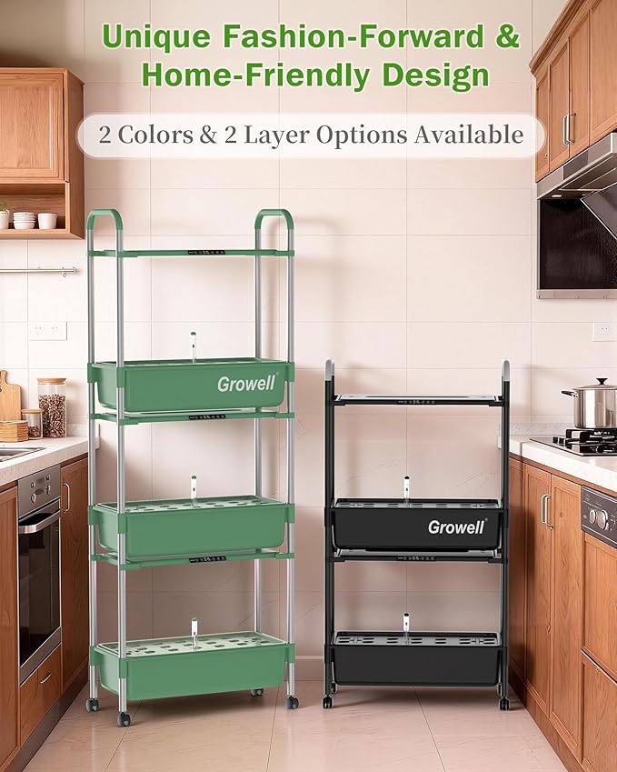 Growell Large Hydroponics Growing System Kit, Vertical Indoor Herb Garden Kit with LED Grow Light & Independent Water Pump, 28L Movable Indoor Planter Perfect Gardening Gifts (2 Tier-54 Pods Green)