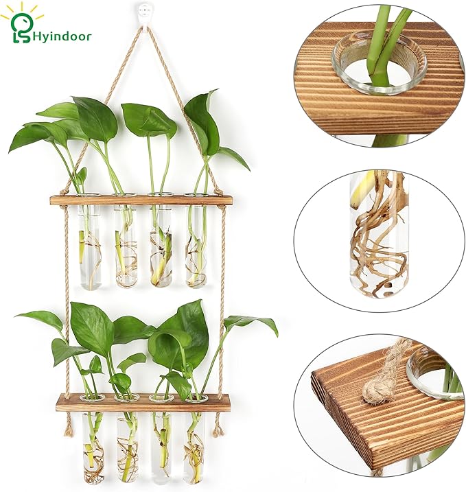 Hyindoor Wall Hanging Planter Terrarium 2 Tired Test Tube Vase Glass Planter Plant Propagation Station Plant Hangers of Rope with Wooden Stand and 8 Tubes for Hydroponic Plant Cutting