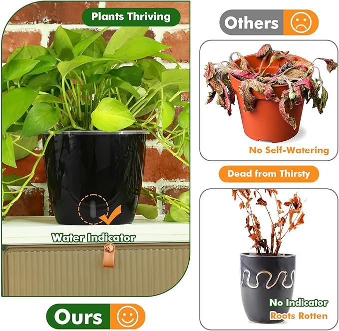 Planterhoma 6.7 Inch Self Watering Pots for Indoor Plants, 8 Packs Self Watering Planters for Orchid, Spider Plant, Devil's Ivy & African Violet, Water Indicator & Black Wick Pots, Black
