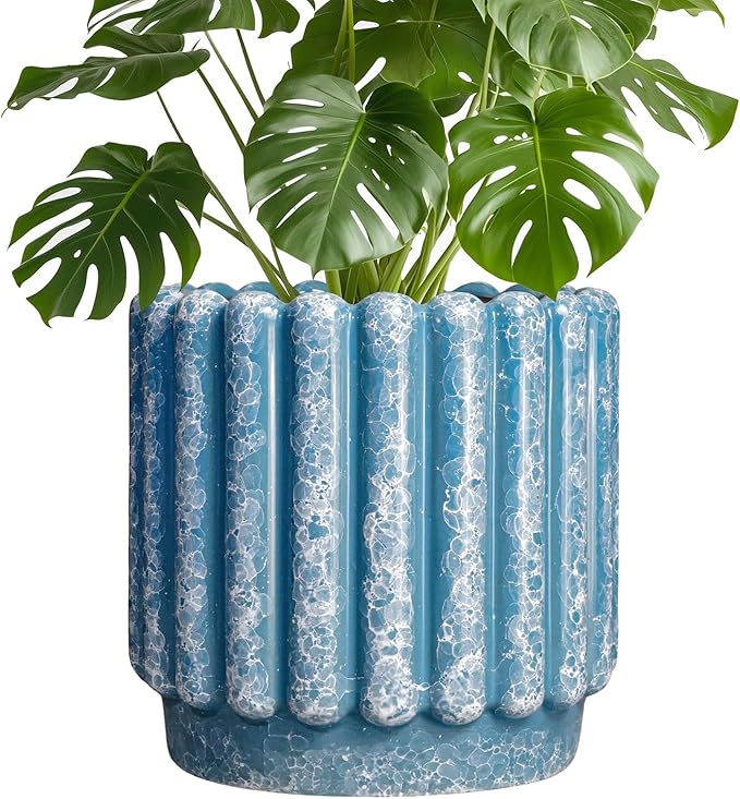 Ceramicfor Ceramic Planter for Indoor Plants - 9.6 Inch Ceramic Plant Pots with Drainage Hole, Large Flower Pots Outdoor, Fluted Decorative Round Planter, Front Door Decor, Housewarming Gifts, Blue