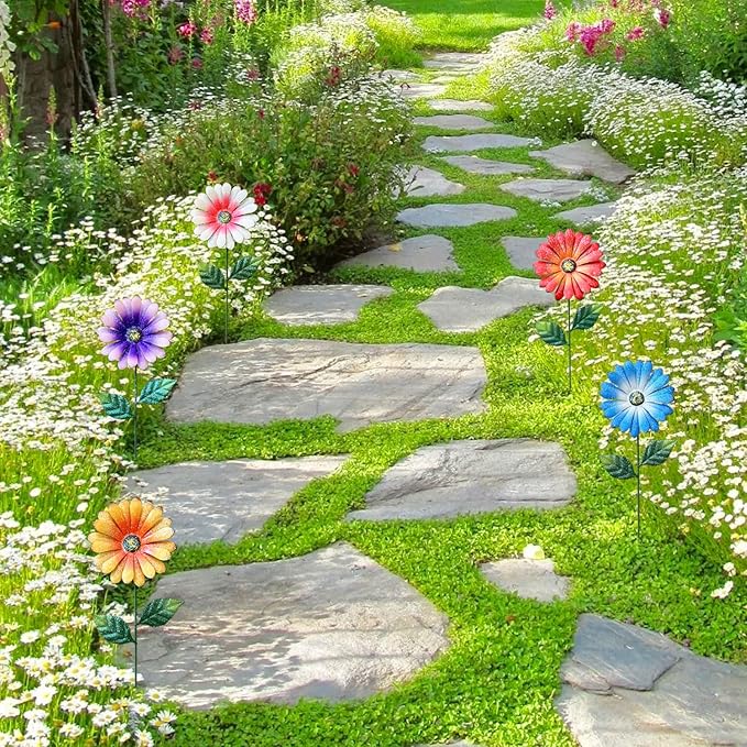 5Pack Metal Flowers for Outside，16.5 Inch Metal Flowers Decorative Garden Stakes for Spring Decor, Shaking Head Yard Art Garden Decorations for Outdoor Lawn Porch Pathway