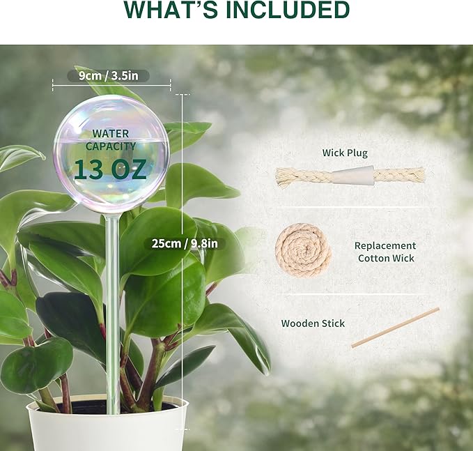 Soilagua 13 oz Extra Large Wick-Controlled Plant Watering Globes, Self Watering Globes for Everyday and Vacation Use, Iridescent Glass Water Bulbs, Automatic Plant Waterer, 2 Pack