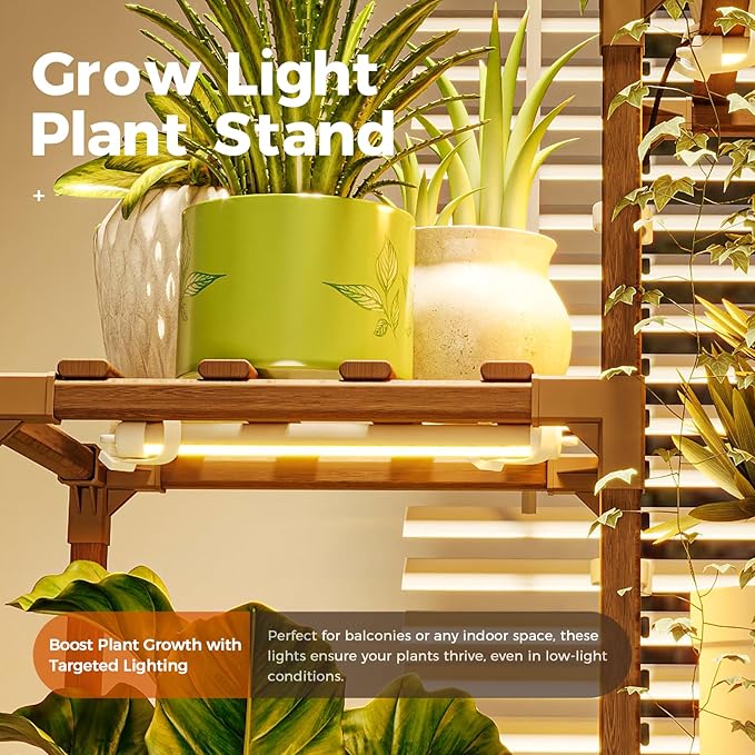 Bamworld Plant Stand with Grow Lights Indoor Outdoor 9 Tier Tall Large Wood Plant Shelf Multi Tier Flower Stands Garden Shelves Wooden Plant Display Holder Rack for Living Room Corner