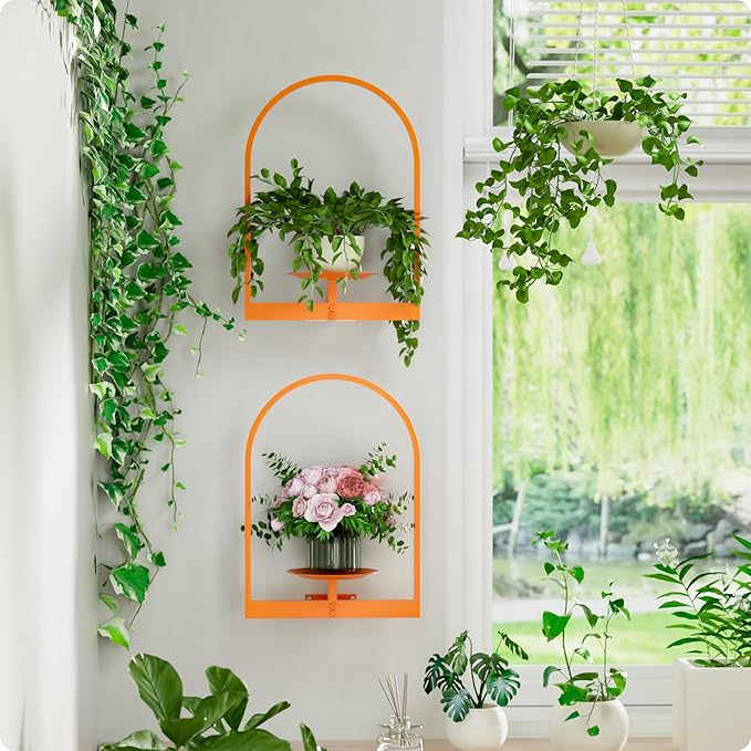 Orange Metal Wall Plant Holder - 2-Pack Wall Mounted Plant Stands and Hanging Holders for Indoor Planter and Flower Pot - Arch Decor Shelf for Plant Storage (Pot Not Included)