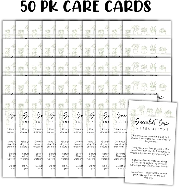 Succulent Care Instruction Cards with Icons 50pk 2x3.5” Home Propagated Plants Tags Labels White Simple for Sale Client Care How to Water Kit
