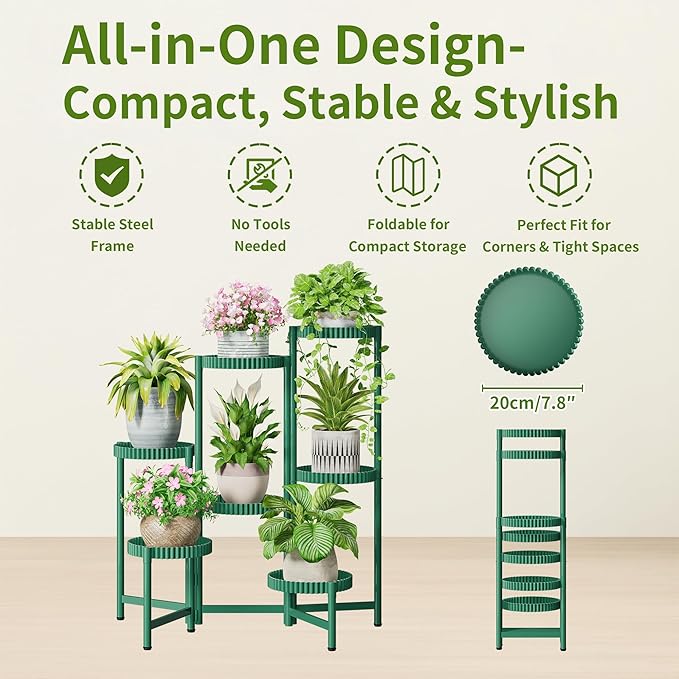 7 Tier Large Plant Stand Indoor, 7.9 Inch Wide Tall Corner Metal Plant Stands Outdoor for Multiple Plants, Folding Tiered Flower Display Holder Rack Shelf for Living Room Balcony Patio - GreenFloroma