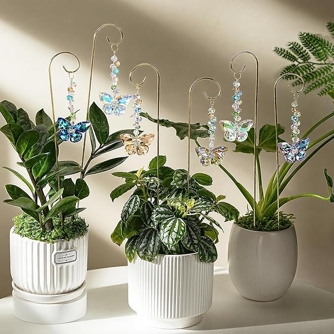 H&D HYALINE & DORA 6 Pack Colorful Butterfly Crystal Suncatcher Plant Stake Plant Stake with Golden Small Trellis Indoor Outdoor Garden Sun Catchers Decor