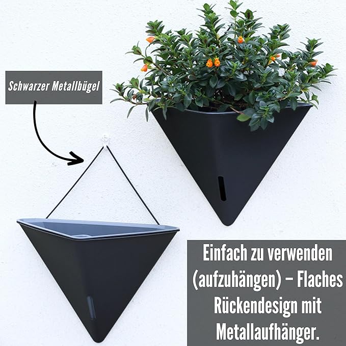 LaLaGreen Wall Planters for Indoor Plants - 2 Pack, 12 Inch Large Self Watering Black Geometric Hanging Flower Vase Vessel with Metal Hanger, Modern Stylish Wall Mounted Succulent Pot Holder Decor