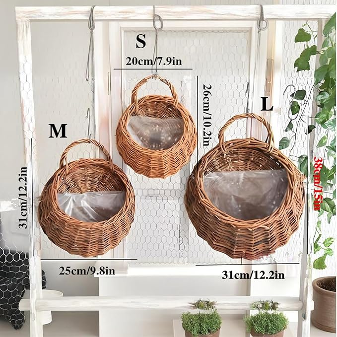 Wall Hanging Flower Basket, Handmade Wicker Hanging Basket for Plant Wall Mount Rattan Chlorophytum Comosum Hanging Basket for Front Door, Home, Garden. (S)