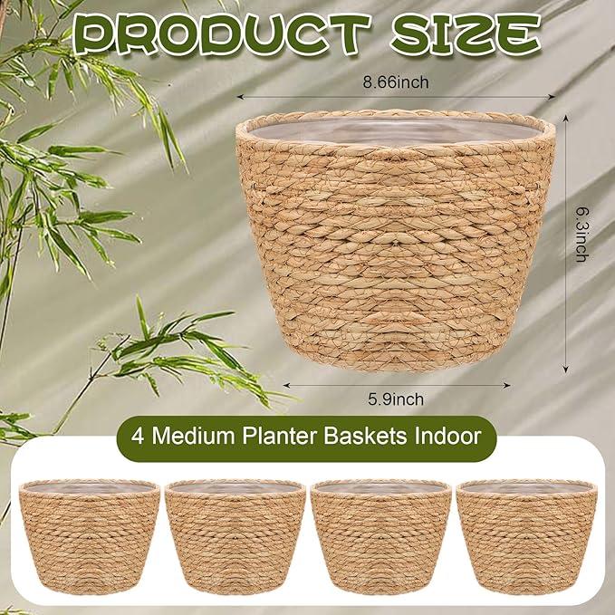 4PCS Straw Woven Plant Basket Middle Premium Seagrass Planter Basket with Plastic Lining Natural Stylish Planter Baskets Indoor Outdoor Plants Woven Wicker Baskets for Plants Flower Pots