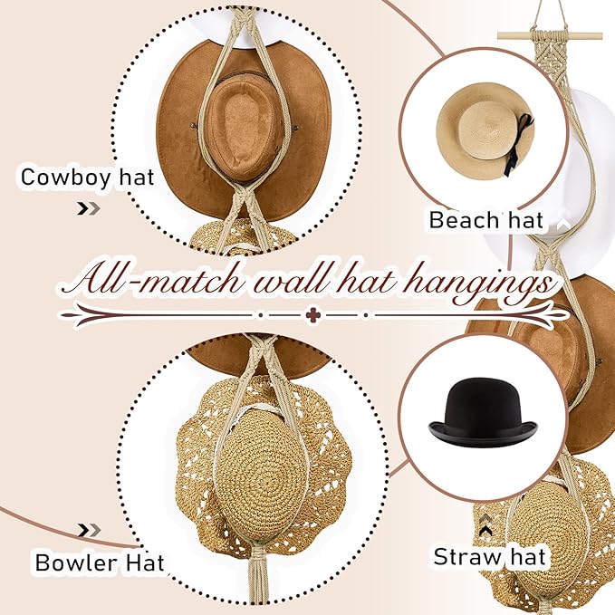 Yulejo Macrame Hat Hangers Boho Hat Rack Cowboy Hat Hanger Back of Door Hat Organizer (Beige,Five Hats Style)