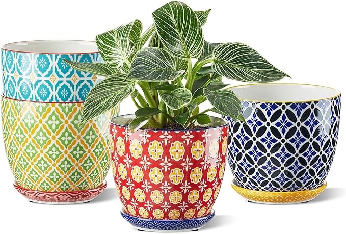 Metahom Ceramic Plant Pots, 5.8 Inch Flower Pots for Indoor Plants, Colorful Planters with Drainage Hole & Saucer, Garden Planters for Succulent, Orchid, Cactus, Home Decor, Set of 4