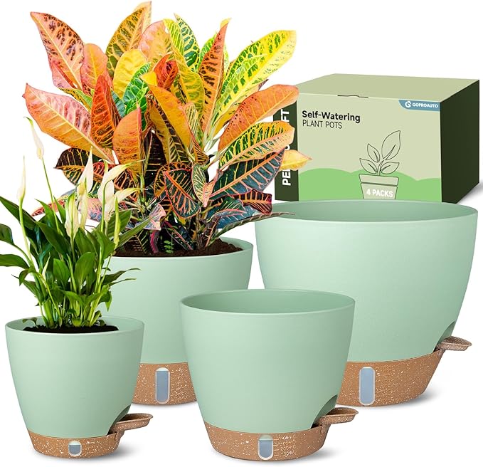 Self-Watering Pots for Indoor Plants 4 Pack, 6/8/10/12 Inch Outdoor Planters with Water Level Indicator & Deep Reservoir, Decorative Flower Pots for Home Decor (Green, 12+10+8+6 Inch)