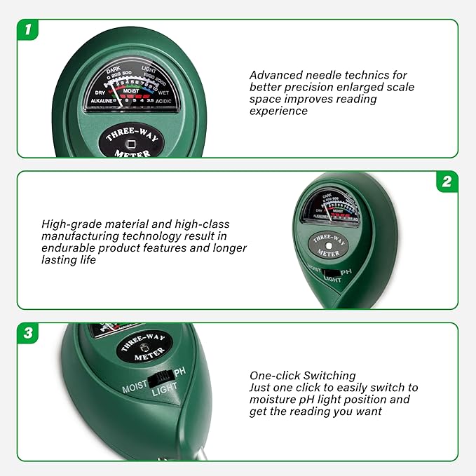 iPower Soil Meter, 3-in-1 Plant Moisture Light PH Tester for Gardening, Farming, Indoor & Outdoor Use, 2 Pack