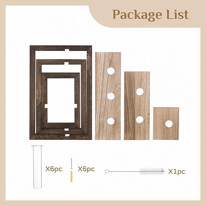 Wall Planter Propagation Stations - Hanging Glass Terrarium Tube Vase with Wood Shelf for Indoor Plants Cutting - Rustic Wall Decor for Farmhouse