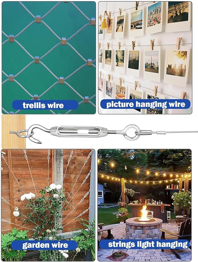 TooTaci M5 Turnbuckles for Cables Wire, 200ft 1/16 Stainless Steel Wire Rope with Tensioner Kit, 1/16 Vinyl Coated Steel Cable for Outdoor Lights Hanging, Climbing Plants, Trellis and Fences