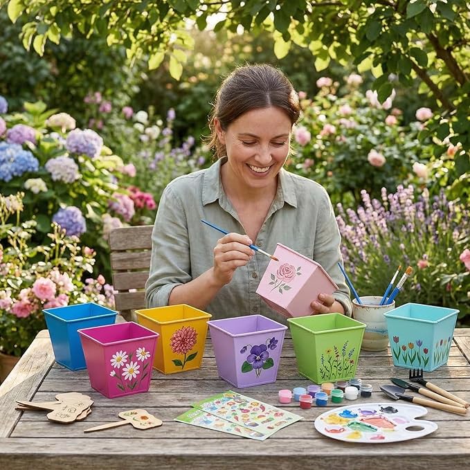 6 Sets Flower Pot Painting Kit DIY 6 Colorful Spring Metal Iron Plant Pots with Acrylic Paint Stickers Brushes Plant Labels Gardening Tool Kit for Planting Crafts Spring Birthday Gift