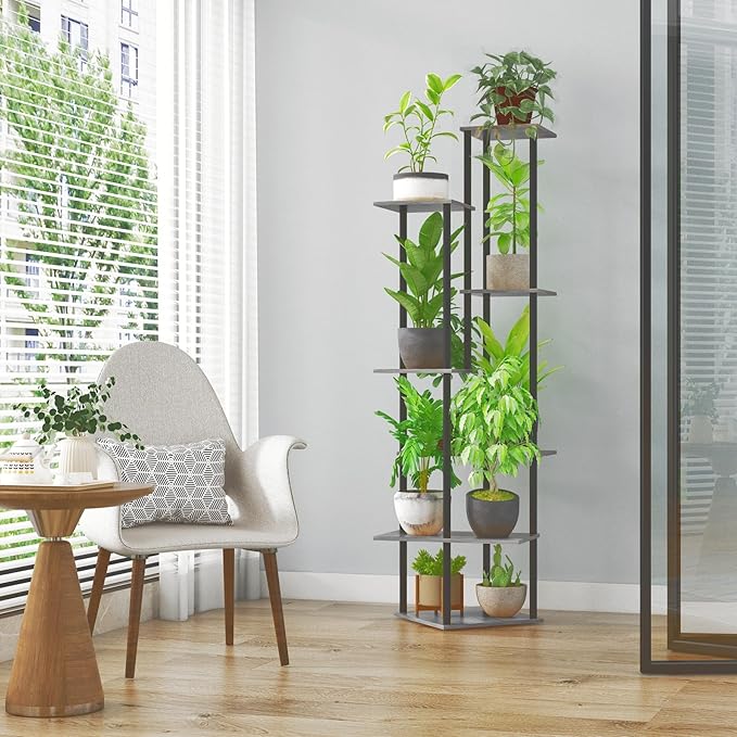 Tall Plant Stand Indoor, 7-Tier Modern Plant Shelf for Multiple Plants, Wood Metal Flower Holder for Living Room Balcony Bedroom, Oak Grey