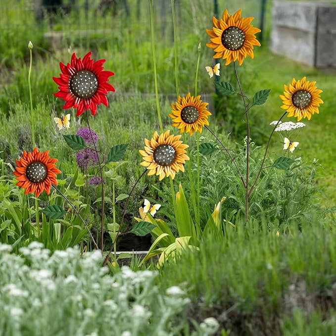 Metal Flowers for Outside, 30-Inch Iron Sunflower Garden Stakes Set of 2, Colorful Metal Yard Art for Outdoor and Garden, Decorative Garden Stakes for Patio & Lawn Decor