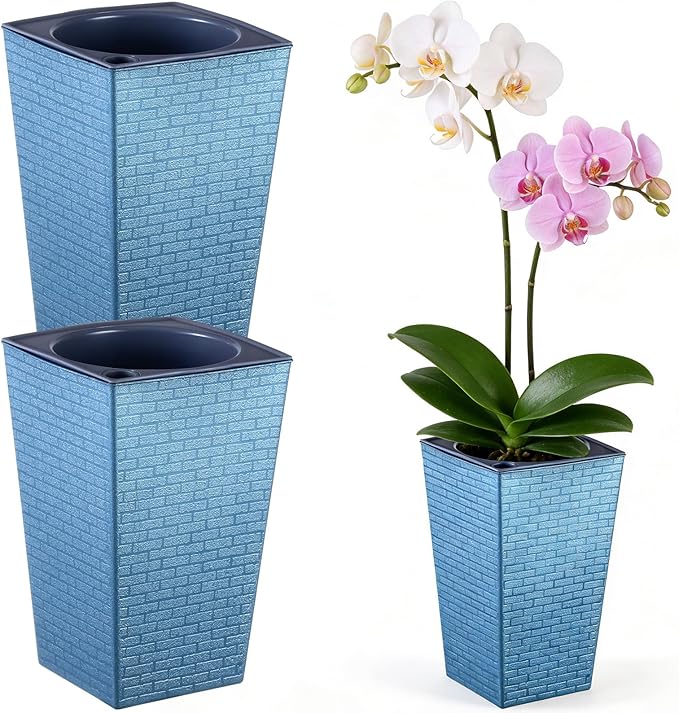 Self Watering Pots for Indoor Plants, 2 Pack Flower Pots Self Watering Planter 10.7" x 6.9" Plastic Pots African Violet Wick and Grow Pots Tall Orchid pots Square Large Plant Pots, Blue