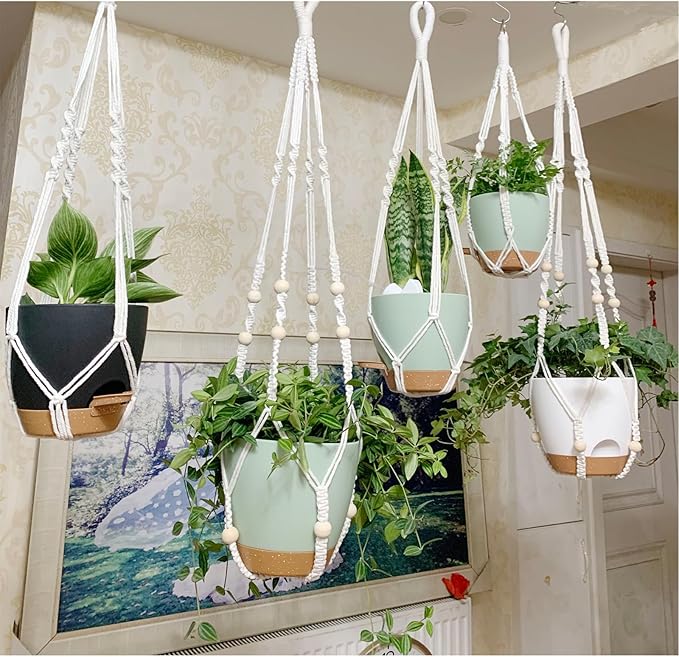 Hanging Planters with Macrame Plant Hangers for Indoor Outdoor Plants, 3 Set Hanging Baskets Flower Pots Holders 35''/27''/21'', Self-Watering Pots 7''/6''/5.5'', Boho Home Decor, Black