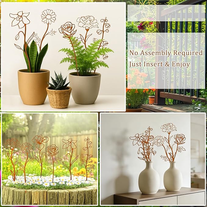 Rusty Metal Flowers for Outside, 6 PCS Decorative Garden Stakes, Metal Yard Art Outdoor Flower Bed Decor, Garden Stakes Decorative for Lawn, Pots, Walkway