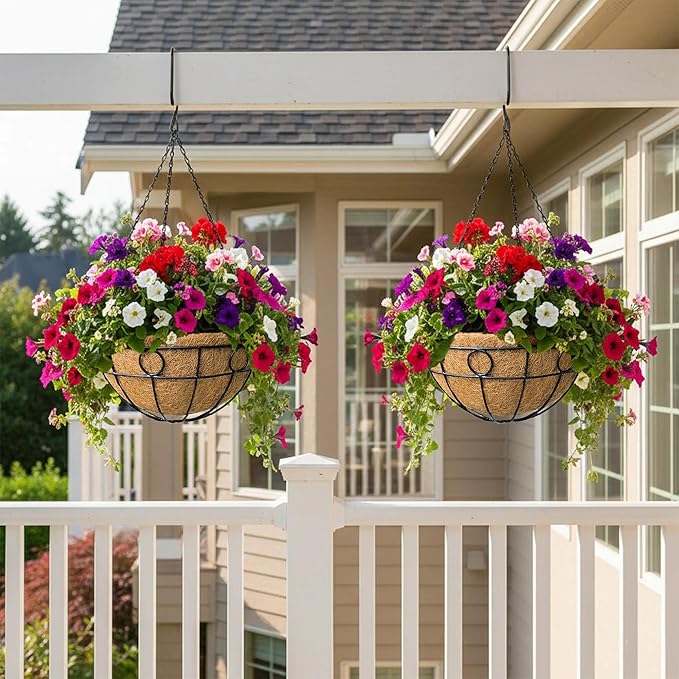 4 Pack 12 inch Black Round Metal Wire Hanging Planter Basket Outdoor Hanging Baskets Indoor with Coco Liner Pot Plant Holder for Home Garden Balcony Decor