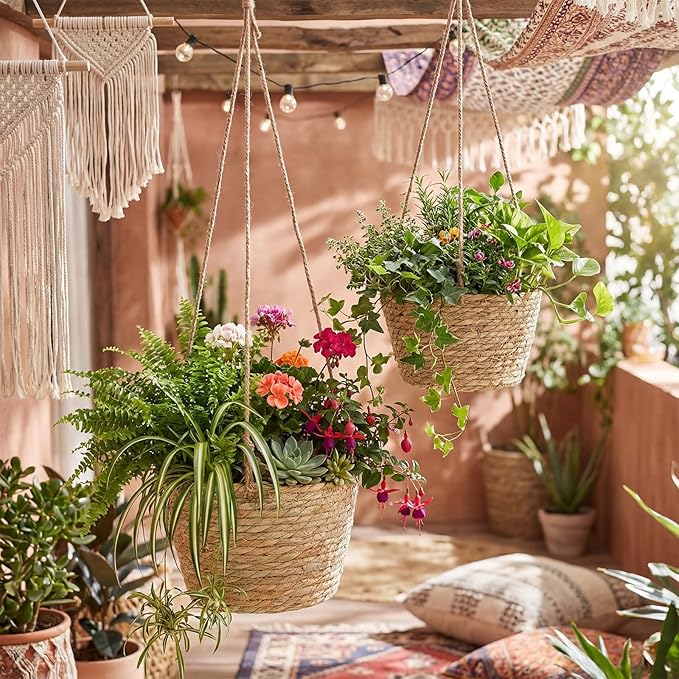 6 Pcs Seagrass Hanging Planter Basket Hand Woven Plant Basket with Plastic Liners Hanging Plant Holder Storage Containers with Cotton Rope for Indoor Garden Decor (Medium,Brown)