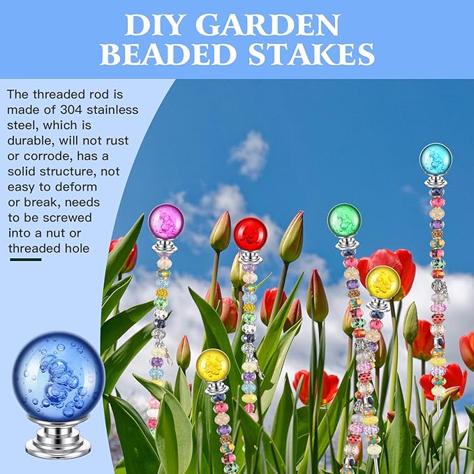 Therwen Pack of 8 DIY Mini Garden Beaded Stakes Wands Kit Include 8 Pcs Threaded Rods, 8 Pcs Hex Nuts and 8 Diamond Stopper Tops Outdoor (12 Inch, 8 Mixed Diamond Top Color)