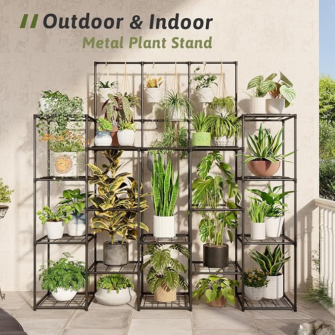 GENTINGBRO Metal Plant Stand Outdoor 63" Tall Plant Shelf for Plants 14-Tier Large Plant Sheves for Indoor Plants Living Room Heavy Duty Rack Garden Balcony Patio Hanging Planter