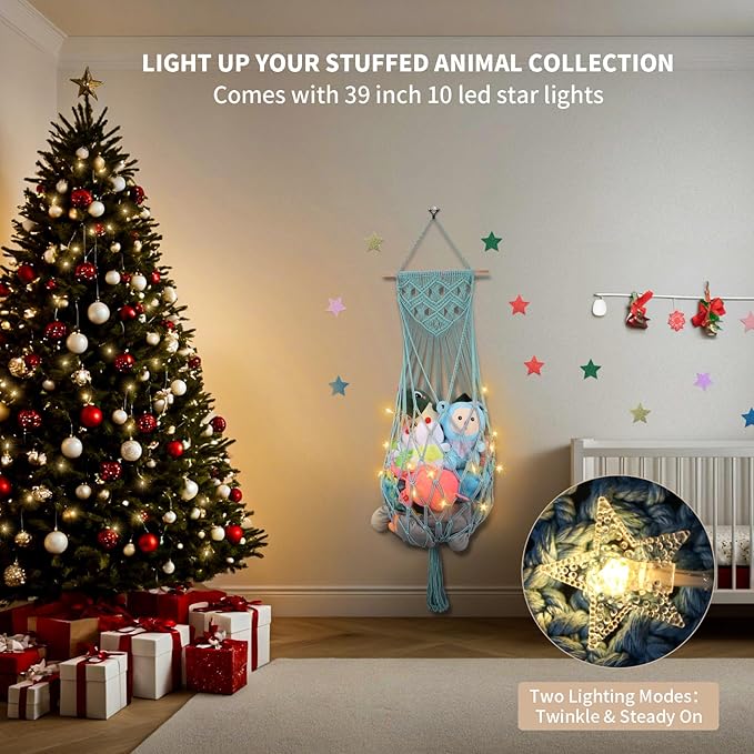 Stuffed Animal Storage Hammock, 63'' Jumbo Boho Macrame Corner Toy Hammock Wall Hanging Net Holder for Nursery Teddy Plushie, Turquoise Plush Toy Net with Star Light for Baby Boys Girls Gift