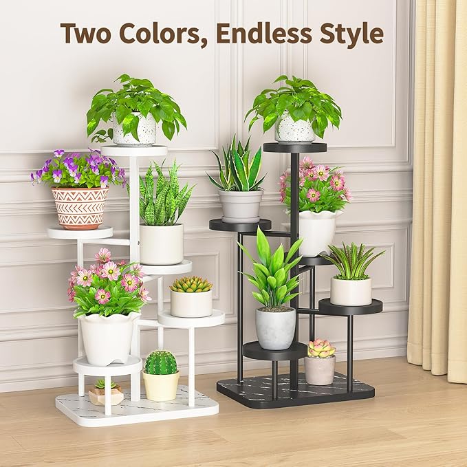 LASZOLA 5 Tier Tall White Plant Stand Rack Indoor Outdoor House, Heavy Duty Multi Level Metal Organizer, Vertical Narrow Unique Spiral Folwer Holder, Plastic Marble Decor for Patio Bathroom Office