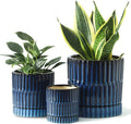 HASENSE Ceramic Pot for Plants, 3-Pack (8/6/4.6 inch) Medium Flower Planter with Drainage Holes & Tray, Rective Glaze Plant Pots Indoor with Ribbed Design, Kithen Home Office Decor, Blue