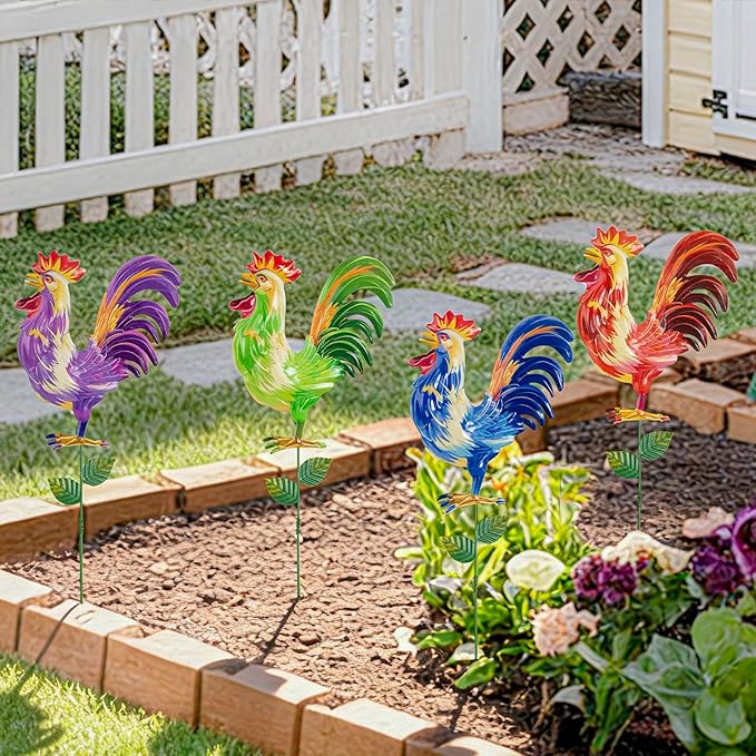 Metal Garden Stakes Outdoor Decor, 18 inch Garden Yard Art, Weather Proof Rooster Stakes for Yard Lawn Porch Pathway Patio Plant Pot Decorations, 4 Pack (Rooster-a-Head)